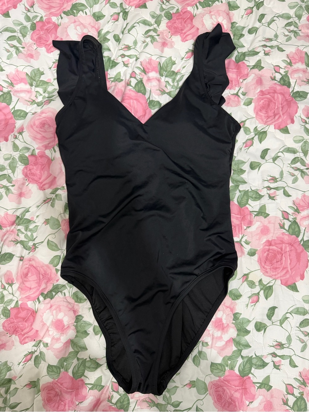 Black One-Piece Swimsuit with Ruffle Straps
